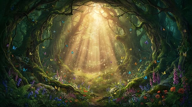 Enchanted forest with sunbeams, glowing fireflies, and colorful butterflies in a magical woodland setting