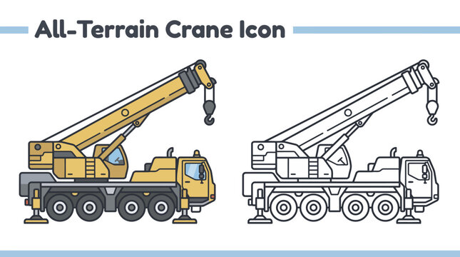 An all-terrain mobile crane icon in colored flat design and outline line art versions for industrial construction equipment design concepts