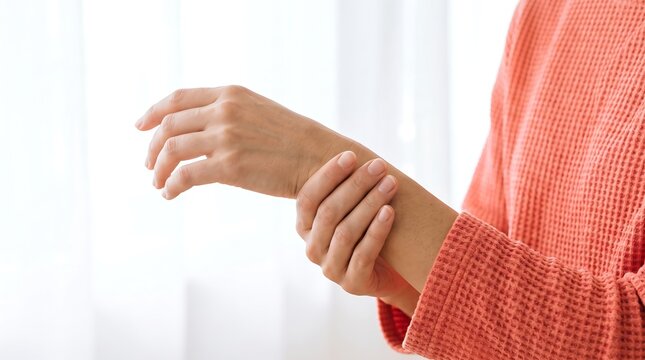 Close-up of a person holding their wrist, suggesting pain or discomfort.