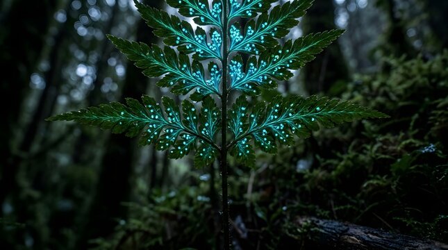 Glowing fern leaves featuring vibrant cyan bioluminescent patterns set against a dark moody forest background captured in high resolution detail