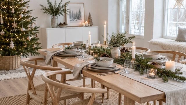 Celebraci&oacute;n de Navidad en una mesa decorada con luces y naturaleza