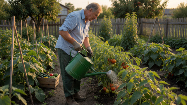 Ein &auml;lterer Mann gie&szlig;t Tomaten- und Gurkenpflanzen in einem Nutzgarten. Das warme Abendlicht und die &uuml;ppigen Pflanzen vermitteln eine erfolgreiche Gartensaison.