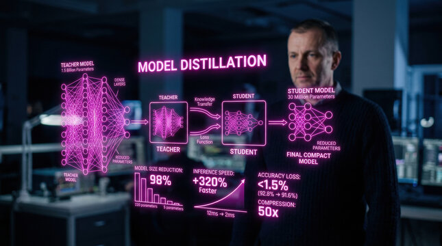 Expert scientist analyzes advanced holographic data visualization, meticulously optimizing machine learning models for enhanced efficiency and robust performance in a futuristic research environment