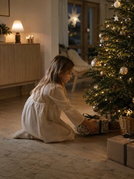 La ni&ntilde;a se prepara para abrir un regalo en Navidad junto al &aacute;rbol decorado