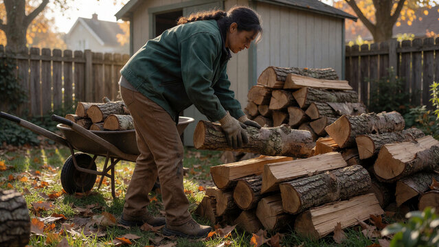 Eine Frau stapelt gespaltenes Brennholz neben einem Gartenhaus. Holzstapel, Schubkarre und Herbstlaub vermitteln praktische Arbeiten rund ums Haus.