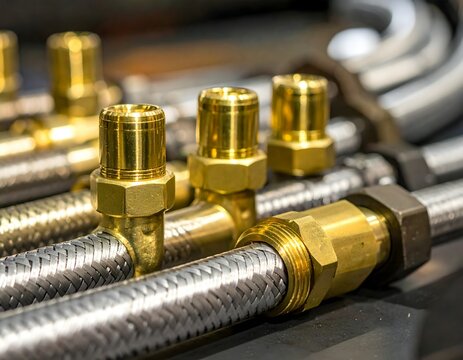Close-up of industrial metal pipes with brass fittings and connectors