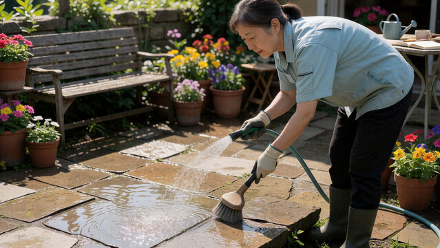 Eine Frau reinigt eine Steinterrasse mit Gartenschlauch und B&uuml;rste. Die nassen Steinplatten und sichtbaren Wasserreflexionen sorgen f&uuml;r ein besonders realistisches Detailmotiv.