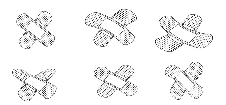 Crossed plaster. Wound plaster. Cross, medical or medicine self adhesive plaster or bandage. First Aid band strip. Band aids. For wound treatment, medical patch for injury first aid bandage, Health pr
