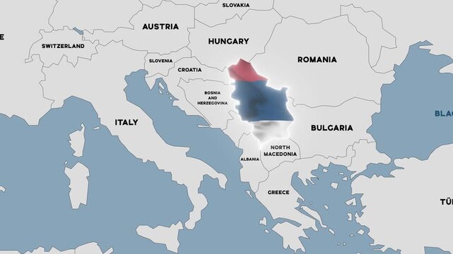 4K animation of a political map of Serbia highlighted with the colors of the Serbian national flag