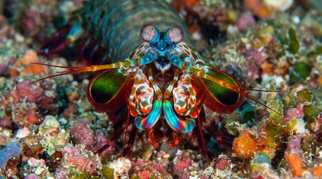 Peacock mantis shrimp on a coral reef