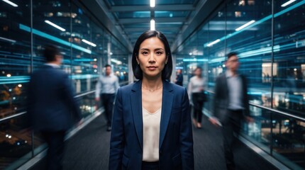 Fototapeta premium Confident Asian businesswoman standing in a modern corporate hallway with blurred motion of colleagues, capturing professional leadership in a fast-paced environment for human resources and branding.