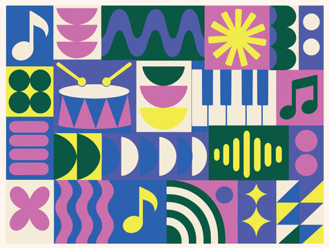 Abstract colorful geometric pattern illustration with musical instruments and sound motifs.