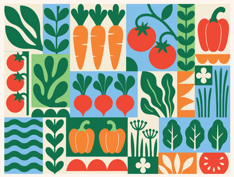 Abstract colorful geometric pattern illustration with fresh organic farm vegetable motifs.