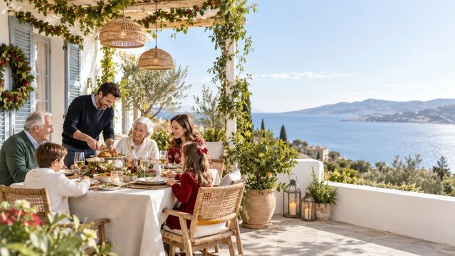 Reuni&oacute;n familiar en la cena de Navidad en una terraza junto al mar