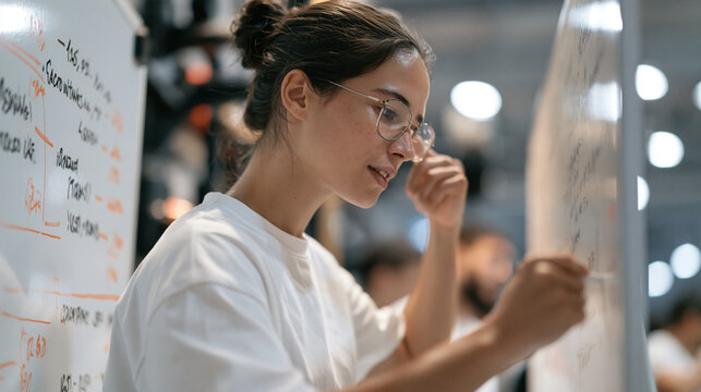 Sports nutritionist at a crowded sports hall listening closely for a faint creak in a wall mounted equipment panel, a whiteboard densely covered in macro intake calculations just