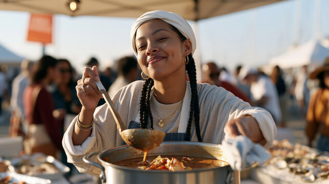 A woman with long braids ladles a rich crab and tomato seafood bisque at a coastal seafood festival on national seafood bisque day, outdoor cooking demonstration, tasting crowd