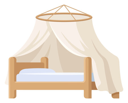 Wooden bed with canopy mosquito net