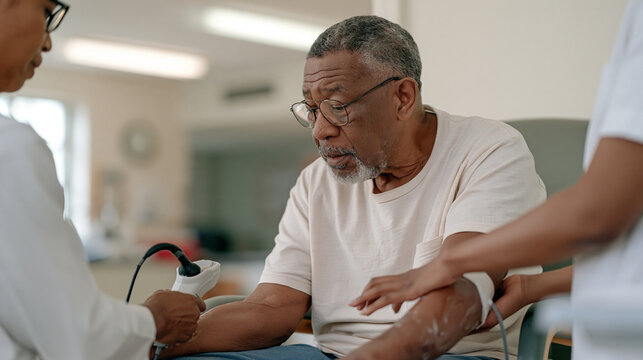Elderly Nigerian man undergoing ankle brachial index testing at a peripheral vascular clinic, technician applying gel to forearm with handheld Doppler probe, fluorescent overhead