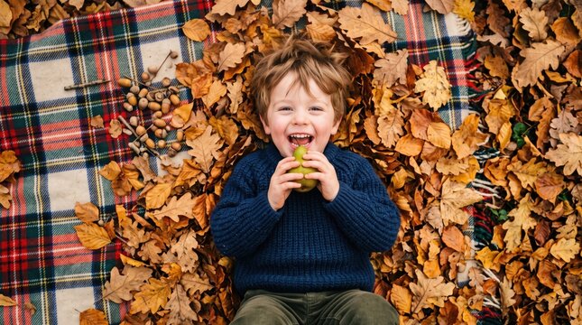 Happy little boy lying on tartan blanket in autumn leaves eating a pear. Smiling child enjoying fall picnic outdoors among acorns and oak foliage.
