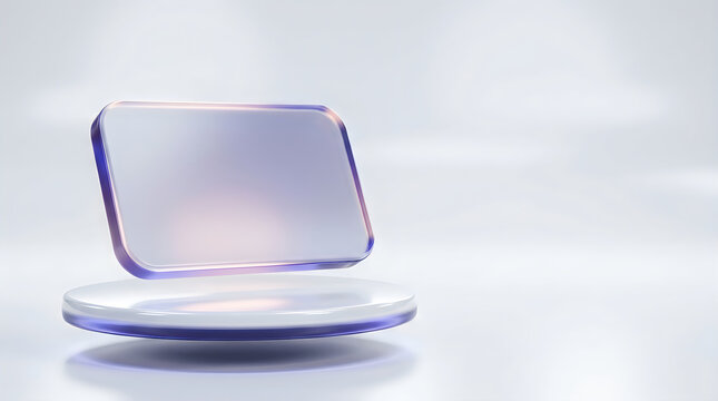 Close-up of a modern glassmorphism bank card hovering over a wireless charging pad with a soft background