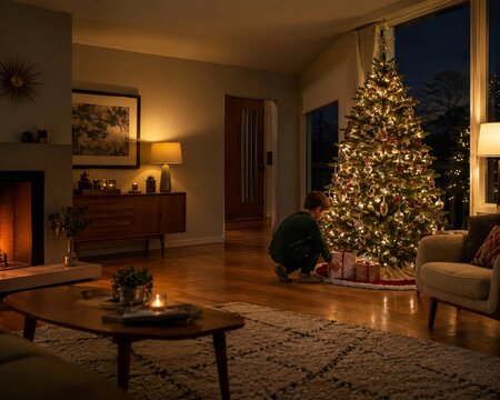Momento de Navidad en casa con &aacute;rbol iluminado y regalos en la sala