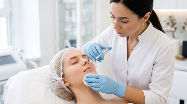 Woman cosmetologist giving facial injection to young woman client with syringe. Beauty procedure in modern cosmetology clinic with white interior.