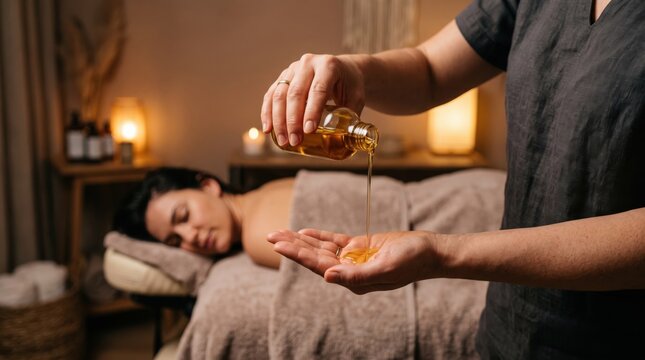 Masseur pouring massage oil from glass bottle into palm. Woman relaxing on spa table with face down and closed eyes. Beauty salon treatment and wellness body care concept.