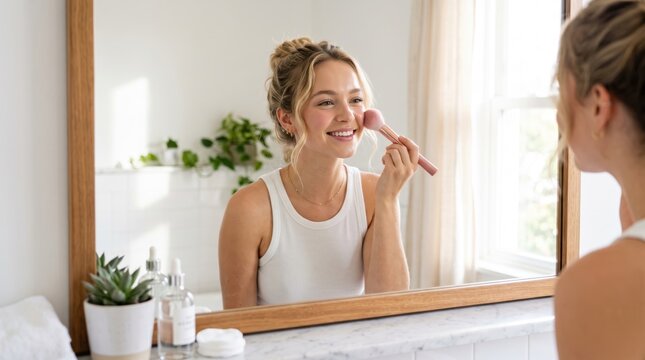 Young woman applying makeup with brush while looking in mirror in bright bathroom. Happy caucasian girl doing beauty routine at home with skincare products on counter.