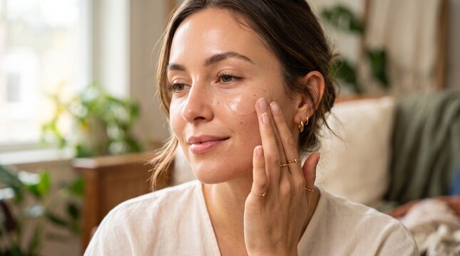 Young woman applying moisturizing face cream on cheek with fingertips. Beautiful caucasian woman doing skincare routine at bright cozy home interior.