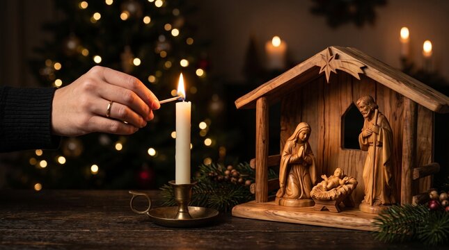 Hand lighting candle next to wooden nativity scene with Mary Joseph and baby Jesus. Warm Christmas lights glow on blurred tree in cozy dark interior.