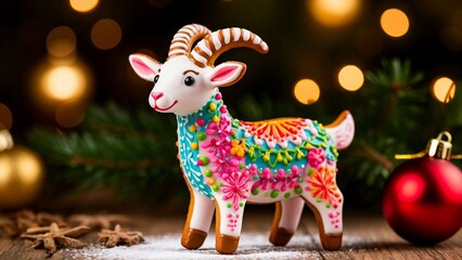 Fototapeta premium Christmas cookies in white and multicolored icing, shaped like a goat.
