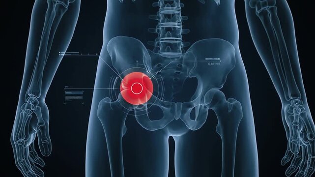 Woman Showing Hip Discomfort With Transparent Pelvis and Hip Joint Anatomy Overlay