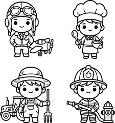 Obraz premium Chibi professions coloring page set featuring pilot chef farmer and firefighter characters