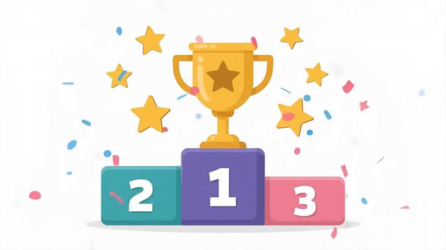 Victory gold trophy cup on a first place winner podium with confetti and stars for business success