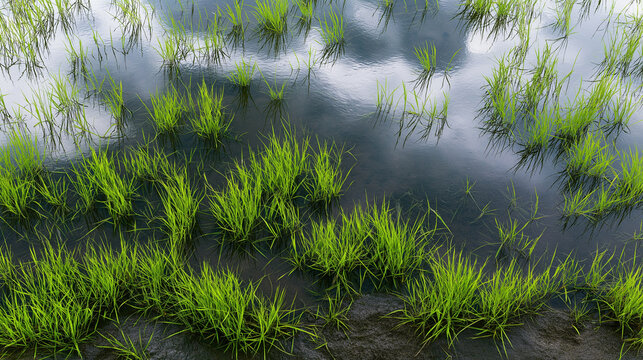 Rice plants growing in flooded field with sky reflection