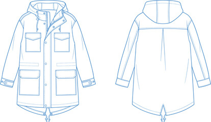 Hooded Parka Jacket Technical Fashion Flat Sketch Vector Illustration Showing Front And Back View Outerwear Design Template © LitonChandra