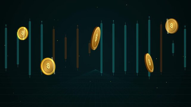 Cryptocurrency price chart with digital coins illustration on transparent background