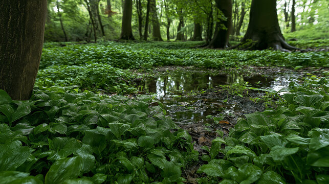 Forest floor with green plants and a small puddle reflecting trees