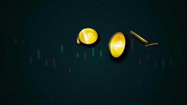 Floating golden cryptocurrency coins with stock market chart background design