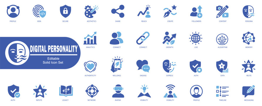 Collection of digital personality and human avatar icons for identity and profile analysis editable stroke. vector illustration