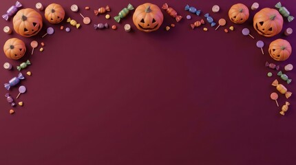 Fototapeta premium Halloween pumpkin and candy arrangement on a dark burgundy background
