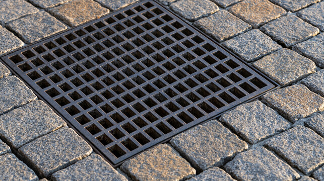 Square metal drainage grate set into stone cobblestone pavement in natural daylight. Ideal for urban infrastructure and civil engineering concepts.