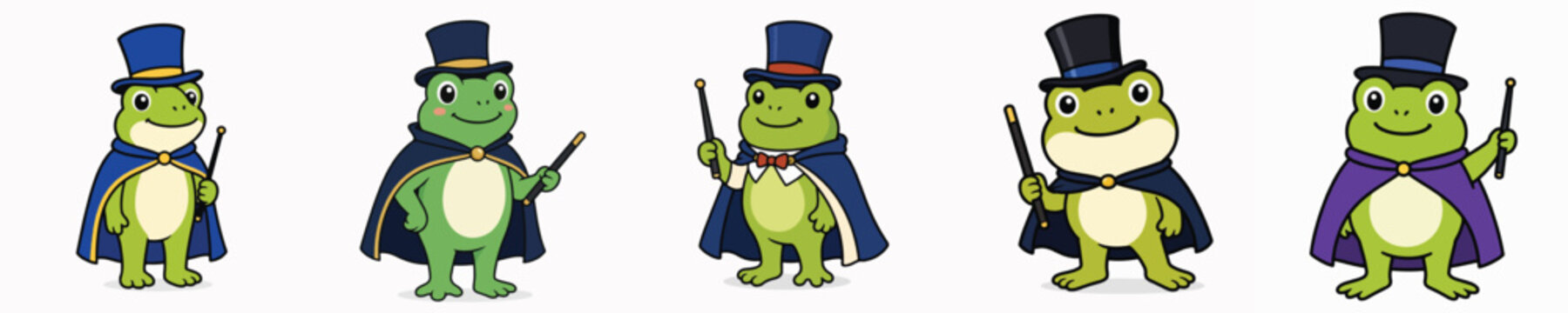 A set of cute frog vectors dressed as magicians, complete with capes and wands.