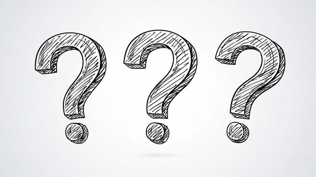 Three hand-drawn question marks sketch isolated on white background. Frequently asked questions concept for customer support designs.