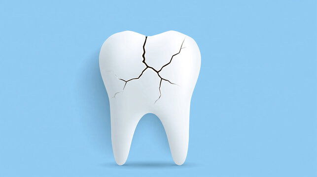 A cracked white tooth sits against a light blue background. Ideal for dental clinic advertising and tooth sensitivity concepts.