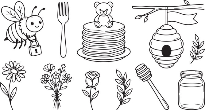 Cute bee and honey themed doodle set with pancakes and flowers in black and white line art