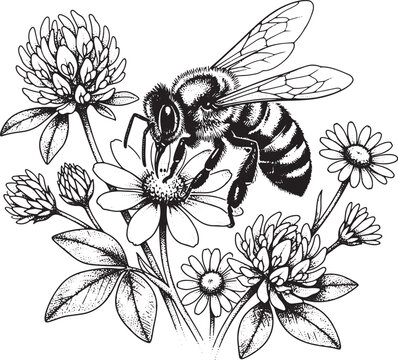Detailed black and white line art illustration of a honey bee gathering nectar from clover flowers