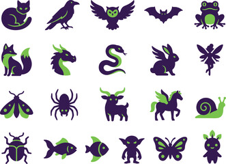 Fototapeta premium Halloween spooky animal creature icon set green purple monster vector