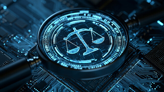 A glowing digital scales of justice icon sits on a dark circuit board. Ideal for cyber law, AI ethics, and data regulation themes.