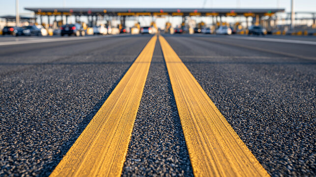 Double yellow lines stretch along an asphalt highway toward a blurred toll plaza. Transportation concept representing travel and infrastructure.